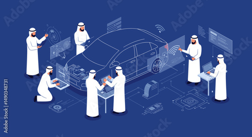 Isometric Pixel Art Depicting Arab Engineers Collaborating on Automotive Technology Innovations and Design within a Modern Digital Workspace