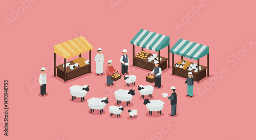 Isometric Pixel Art Market Scene With Vendors Customers Sheep And Stalls Against A Pink Background