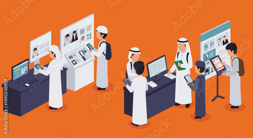 Isometric View Of Arab Men In Traditional Attire Using Digital Devices In Front Of Monitors And Display Screens
