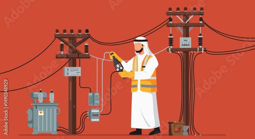 Male Electrician in Arab Attire Inspects Power Lines with Tools on Red Background
