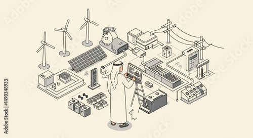 Isometric View of Renewable Energy Power Grid System with Wind Turbines Solar Panels and Buildings on Light Background