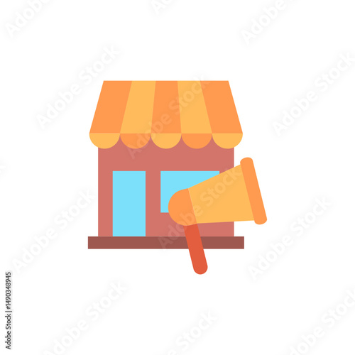 Promotional campaign icon featuring building with storefront and megaphone