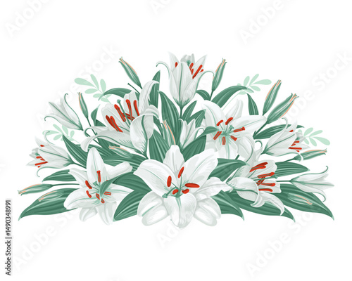 Floral decorative design element, vignette with white lily flowers. Decor, floral composition with daylily, flowers, leaves and buds isolated on a white background. Vector illustration