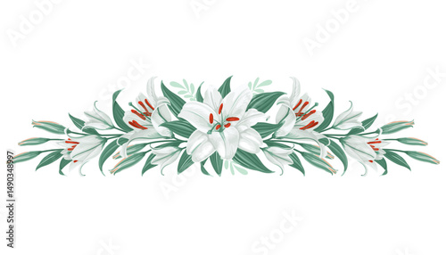 Floral decorative design element, vignette with white lily flowers. Decor, floral composition with daylily, flowers, leaves and buds isolated on a white background. Vector illustration