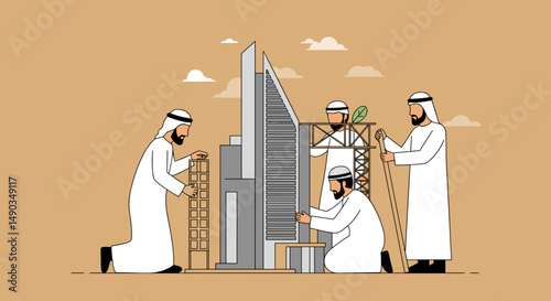 Men in Traditional White Garments Constructing a Modern Building with Brown Background and Pixelated Style