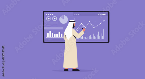 Middle Eastern Businessman Analyzing Financial Data On Large Display Screen in Modern Workspace