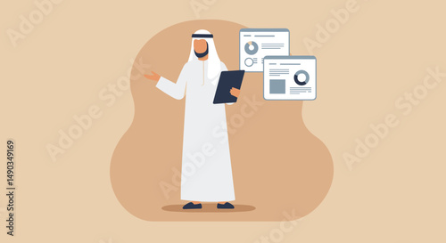 Middle Eastern Businessman in White Attire Presenting Data Charts and Reports in a Beige Background