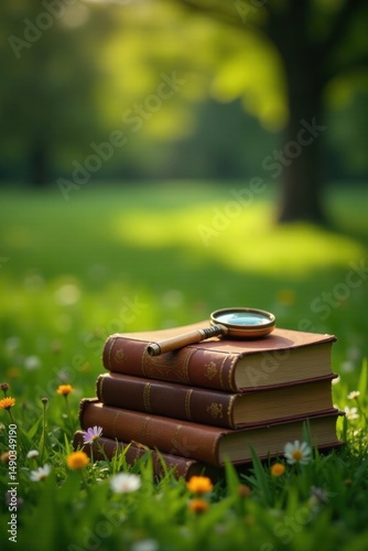 Stack of Antique Books and Magnifying Glass Resting in a Verdant Meadow, Bathed in Golden Sunlight