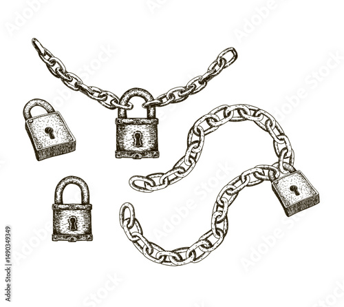 Steel chain and brass padlock. Metal lock and chains set. Chain lock closed. Hand drawn sketch of safety and security symbol. Retro style