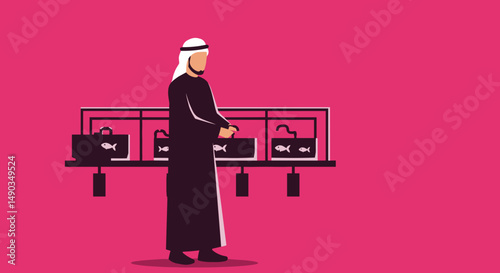 Pixel Art Illustration Of An Arab Businessman With Briefcases In Front Of Display Stand Against Pink Background