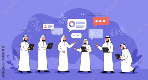 Pixel Art Illustration Of Arab Businessmen In White Uniforms Holding Tablets In Discussion With Speech Bubbles