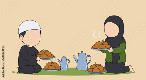 Pixel Art Illustration of Muslim Family Sharing Food During Ramadan Iftar Dinner