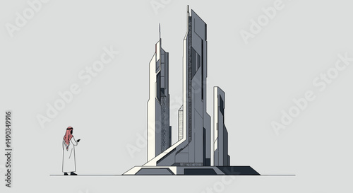 Pixelated Abstract Architectural Structure with Human Figure in Front on Grey Background