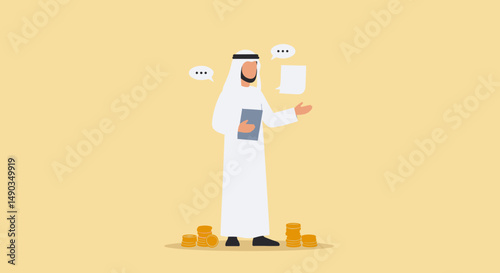 Pixelated Arab Businessman In White Thobe With Tablet And Document Representing Business Success In Beige Background