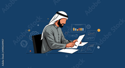 Pixelated Arab Businessman Sitting At Desk Reviewing Documents In Grey Outfit And White Headdress