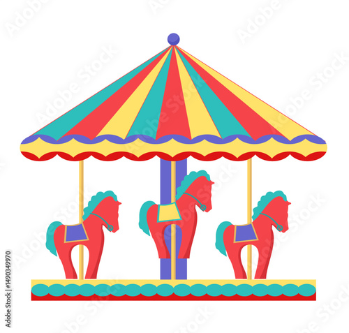 Classic carousel with horses on carnival ride cartoon illustration collection. Merry go round for carnival night festival circus or Amusement park carousel