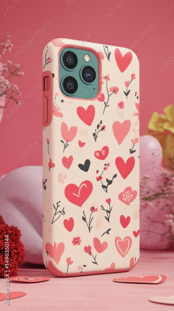 Obraz premium Colorful Floral Heart Pattern Phone Case on Pink Background