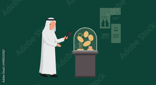 Pixelated Arab Man in Traditional White Garb Viewing Museum Display with Gold Artifacts and Green Background