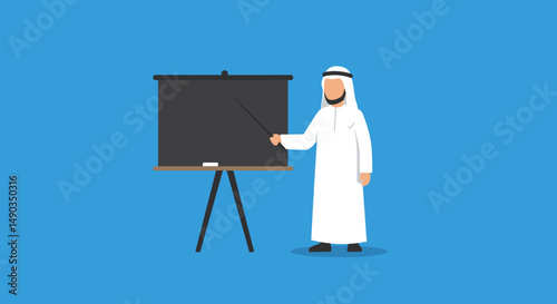 Pixelated Arab Man Presenting At A Blackboard In Front Of Blue Background