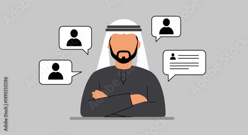 Pixelated Arab Man With Arms Crossed and Speech Bubbles Displaying Profiles and Text Against Grey Background