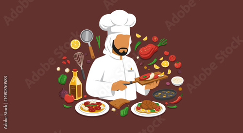 Pixelated Chef Preparing Italian Food Displaying Culinary Artistry on Brown Background