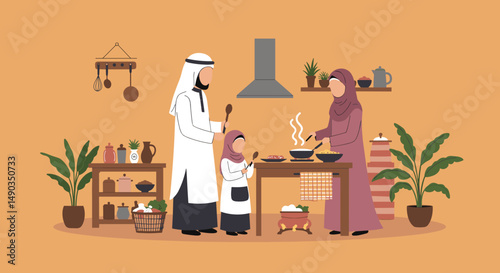 Pixelated Family Cooking Together in a Kitchen with Brown Walls and Orange Background Flat Style Illustration