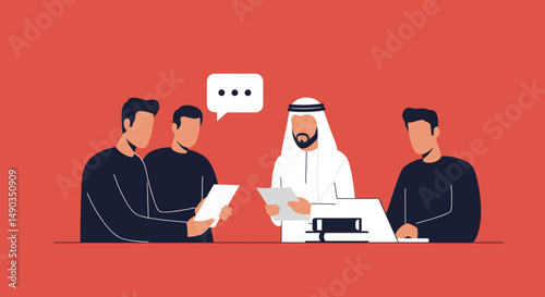Pixelated Group Business Meeting With Arab Man At A Red Table Discussing Ideas and Projects