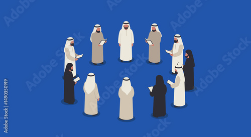 Pixelated Group Of Arab Business People In Traditional Attire Holding Documents In A Circle On Blue Background