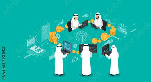 Pixelated Group of Arab Businessmen Collaborating around Digital Data and Cryptocurrency on Teal Background