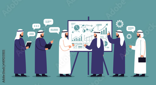 Pixelated Group Of Men In Traditional Attire Discussing Business Plan During Presentation In Blue Background