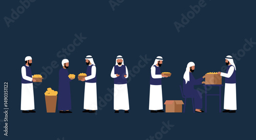 Pixelated Group Of Men Giving Gifts In Traditional Attire Against Dark Blue Background