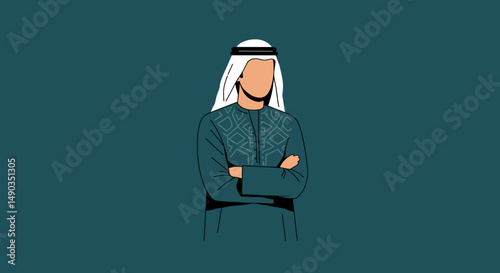 Pixelated Illustration of a Man Wearing Traditional Arab Attire with Crossed Arms and Teal Background