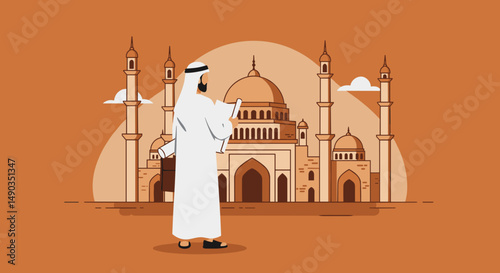 Pixelated Illustration of a Muslim Man in White Robes Praying Outside a Mosque Building with Brown Tones and Cloudy Sky