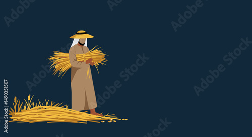 Pixelated illustration of an Arab farmer harvesting wheat in the field wearing traditional beige clothes and hat with a dark blue background