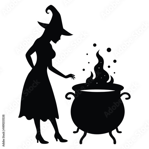 a witch standing over a bubbling cauldron with mist rising
