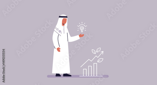 Pixelated Illustration Of An Arab Man Holding A Lightbulb And Graph On A Purple Background