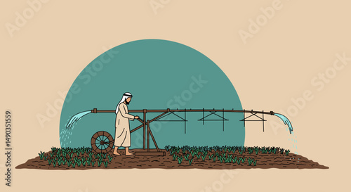 Pixelated Illustration of an Arab Farmer Irrigating a Field with Water Sprout Against the Sun in a Desert Landscape
