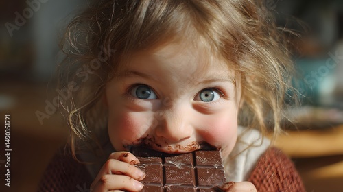 Adorable child eating chocolate bar portrait sweet treat dessert happy kid enjoying chocolate dessert bar