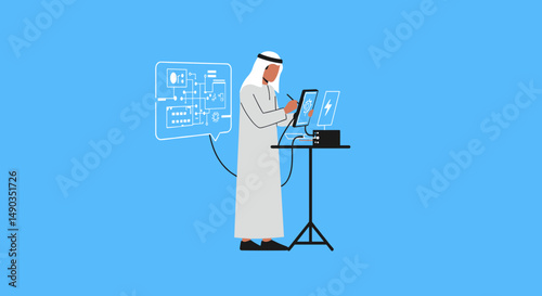 Pixelated illustration of an arab man using tablet at a technological presentation on blue background