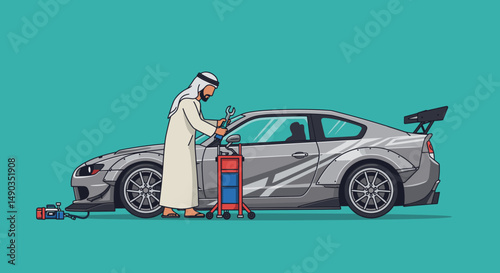 Pixelated Illustration Of Arab Man Repairing Gray Sport Car With Tools In Workshop