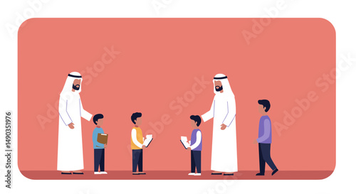 Pixelated Illustration Of Arab Men And Children In Traditional Attire On Red Background