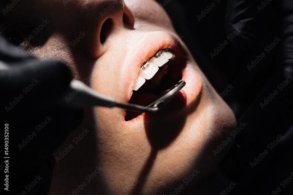 Obraz premium Young woman at the dentist's chair during a dental procedure. Overview of dental caries prevention. Healthy teeth and medicine concept.