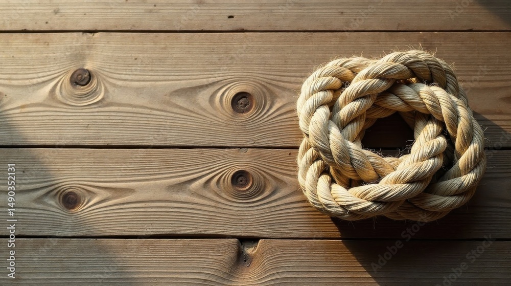 Fototapeta premium Textured Rope Coil on Rustic Wooden Surface A Study in Natural Materials