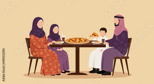 Pixelated Illustration Of Family Enjoying Pizza Dinner At The Table In Traditional Attire