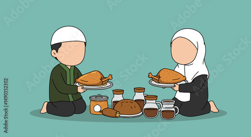 Pixelated Muslim Family Eating Feast Dinner with Chicken Bread and Drink on Teal Background
