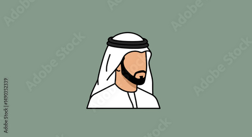 Pixelated Portrait of a Muslim Man in Traditional White Garb with Black Beard against a Green Background