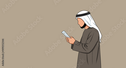 Pixelated Profile Of An Arab Man In Traditional Attire Using A Smartphone Against Beige Background