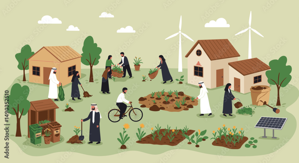 Pixelated Village Scene Depicting Community Members Gardening And Utilizing Renewable Energy Resources Pixelated Village Scene Depicting Community Members Gardening And Utilizing Renewable Energy Resources