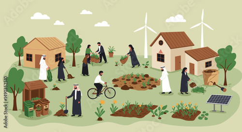 Pixelated Village Scene Depicting Community Members Gardening And Utilizing Renewable Energy Resources