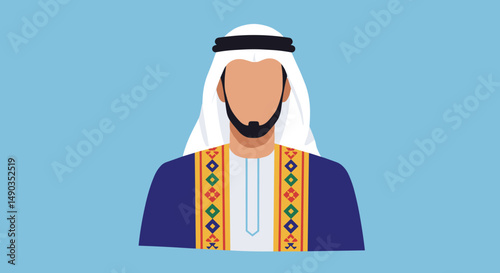 Portrait Of Arab Man Wearing Traditional White Headscarf And Blue Robe Against Blue Background